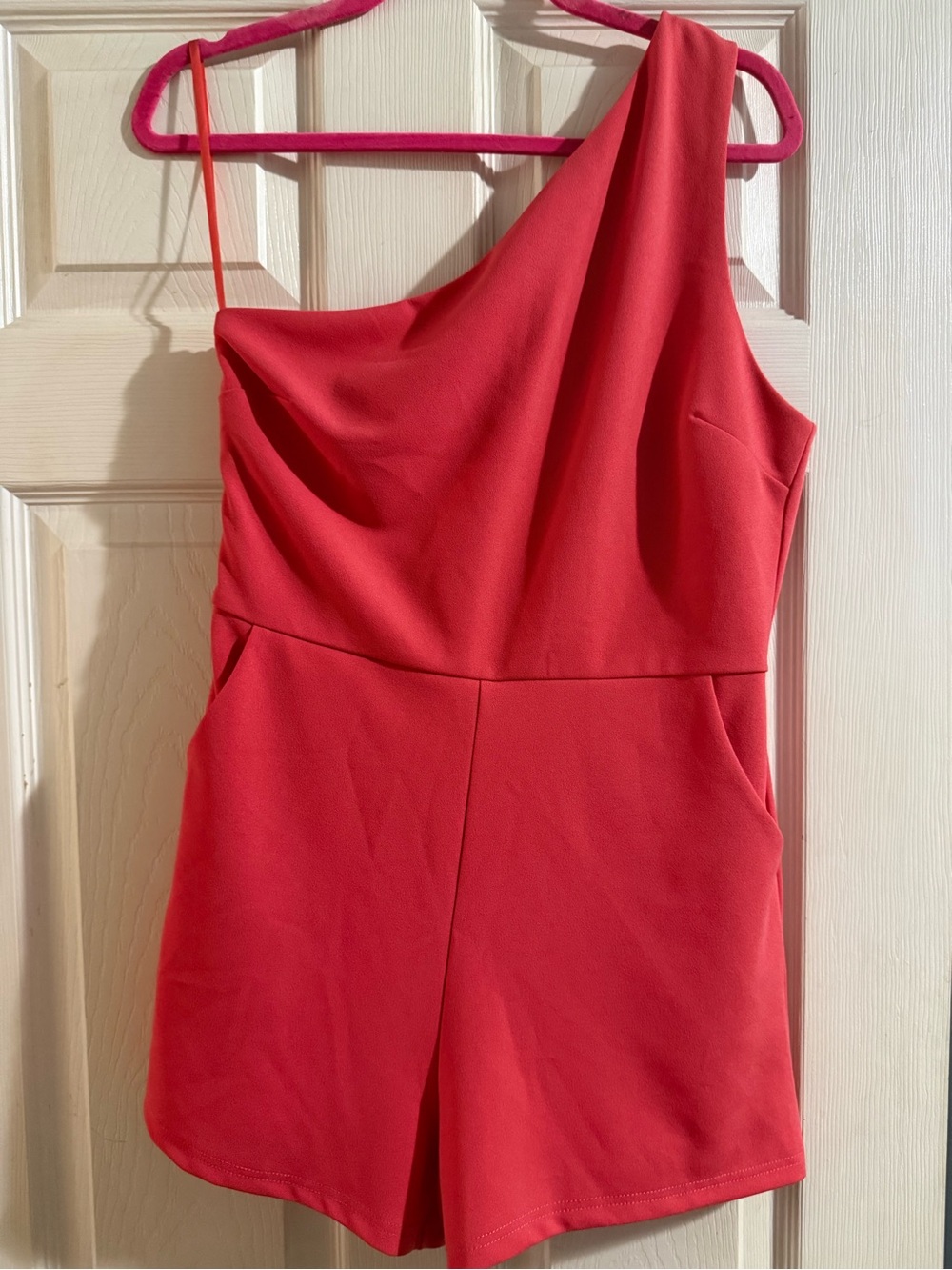 NWT One-Shoulder Coral Pink Romper with pockets Laynee +Lee